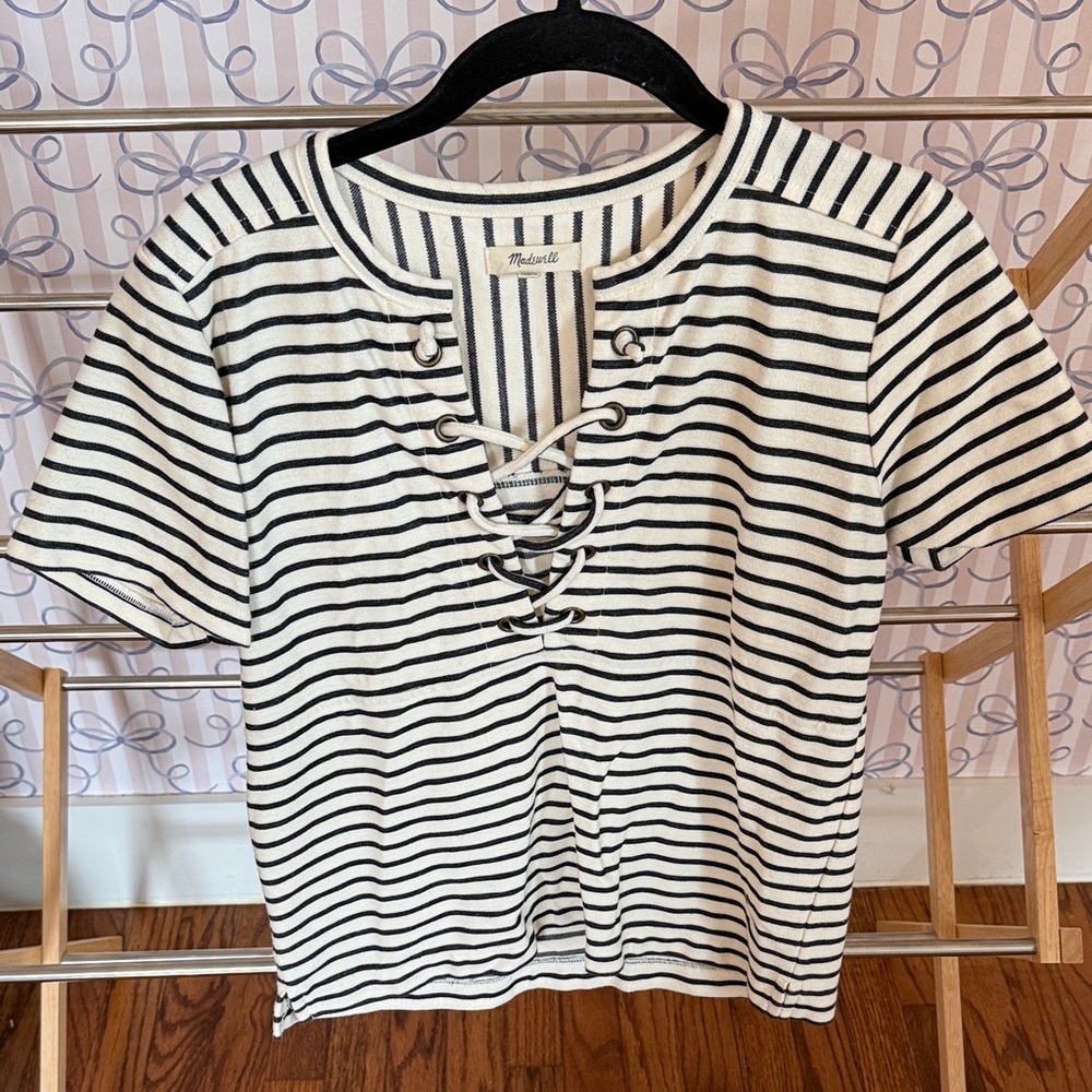 Madewell navy and White Striped Lace-Up Tee